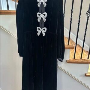 Camille Velvet Embellished Bows Long Dress in Black by Saloni